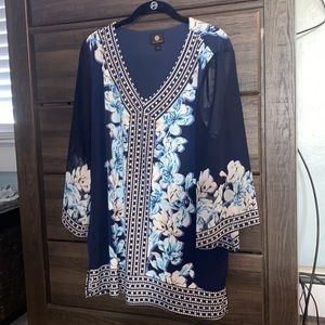 JM collection navy blue blouse with flower pattern